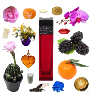 Collage of Very Sexy by Victoria's Secret and its notes including clementine, cappuccino, blackberry, amber, mimosa and musk.