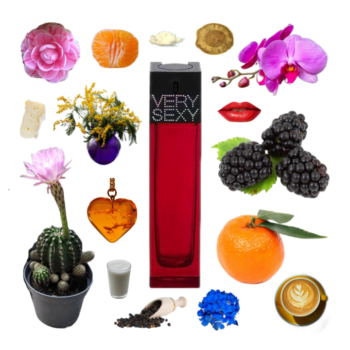 Collage of Very Sexy by Victoria's Secret and its notes including clementine, cappuccino, blackberry, amber, mimosa and musk.