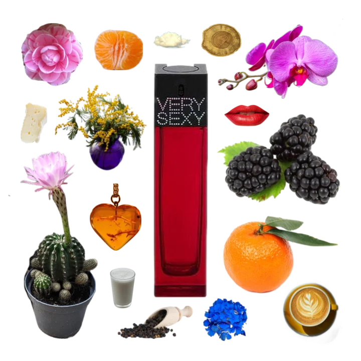 Collage of Very Sexy by Victoria's Secret and its notes including clementine, cappuccino, blackberry, amber, mimosa and musk.