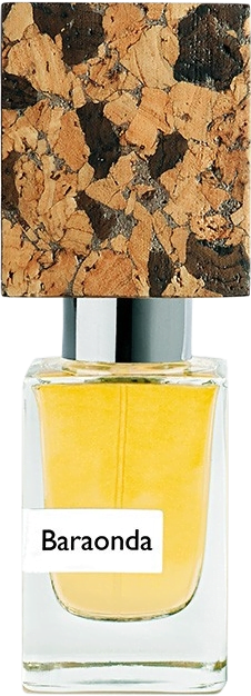 Small square bottle of Nasomatto's Baraonda Extrait de Parfum, clear glass filled with yellow liquid with a large cork lid.