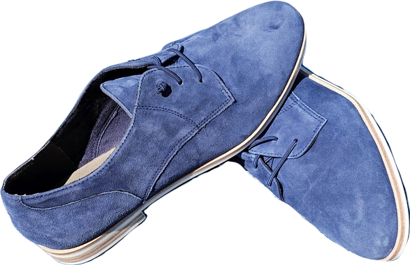 A pair of flat formal blue suede shoes.