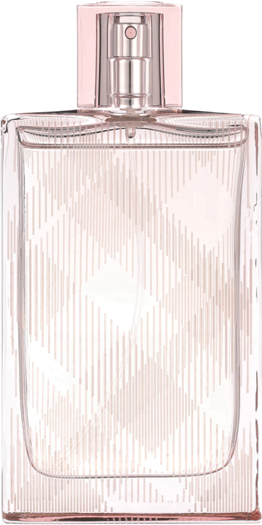 Tall rectangular clear plaid groove patterned bottle of light pink Burberry Brit Sheer Eau de Toilette liquid.