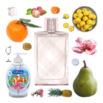 Burberry Brit Sheer Eau de Toilette by Burberry Review Collage of Brit Sheer and its notes, including yuzu, mandarin orange, pineapple leaf, peony, peach blossom, lychee, and pear.