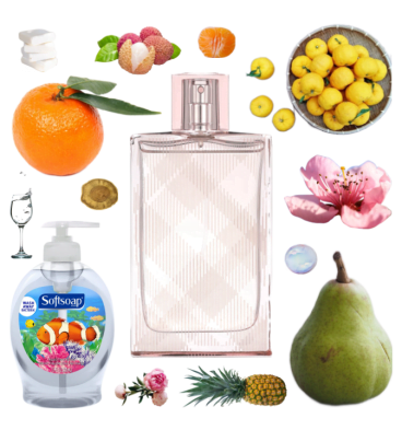 Collage of Brit Sheer and its notes, including yuzu, mandarin orange, pineapple leaf, peony, peach blossom, lychee, and pear.