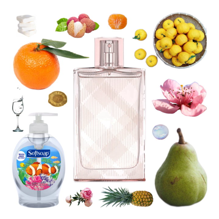Collage of Brit Sheer and its notes, including yuzu, mandarin orange, pineapple leaf, peony, peach blossom, lychee, and pear.
