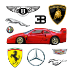Here's Why Luxury Car Brands Make Perfumes and Colognes Collage of a Ferrari model car and luxury car logos including Mustang, Mercedes, Bentley, Alfa Romeo, Lamborghini and Jaguar.