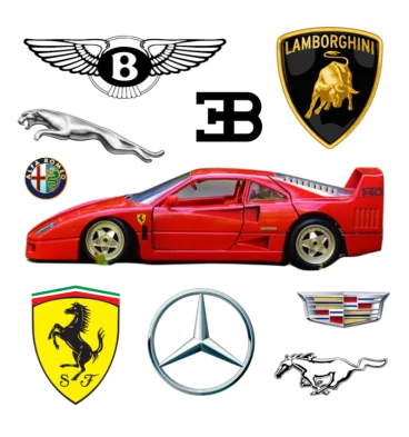 Collage of a Ferrari model car and luxury car logos including Mustang, Mercedes, Bentley, Alfa Romeo, Lamborghini and Jaguar.