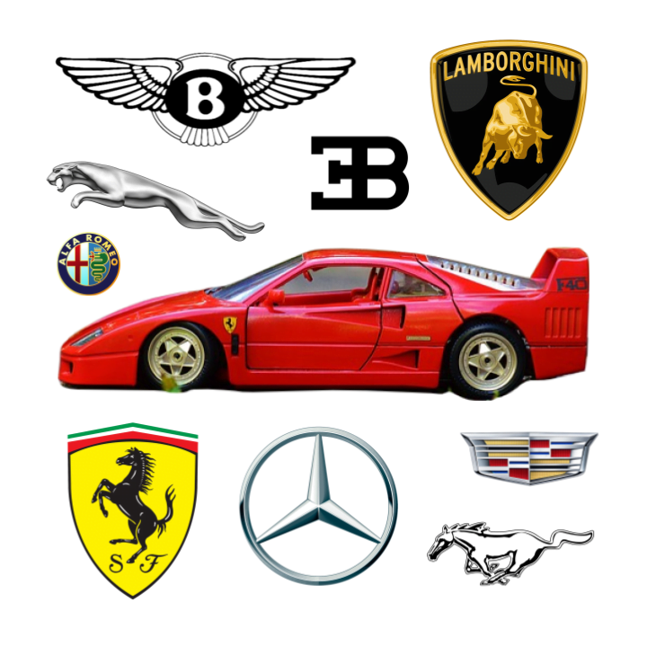 Collage of a Ferrari model car and luxury car logos including Mustang, Mercedes, Bentley, Alfa Romeo, Lamborghini and Jaguar.