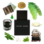Collage of Encre Noire Eau de Toillette by Lalique and its notes, including musk, cashmere, cypress, and vetiver.