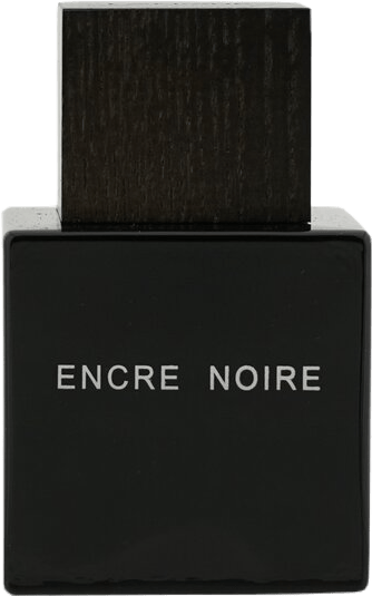 Square black bottle with white letters of Encre Noire Eau de Toilette by Lalique with a square dark brown wood-textured cap.