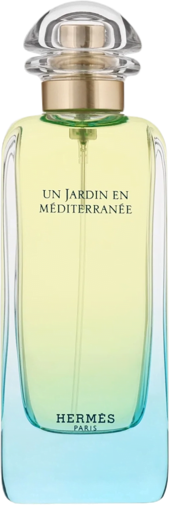 Tall rectangular blue and yellow glass bottle with a silver cap of Un Jardin en Méditerranée Eau de Toilette by Hermes.
