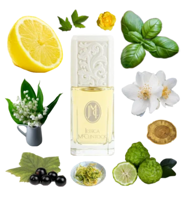 Collage of Jessica McClintock perfume and its notes, including basil, lemon, lily of the valley, bergamot, jasmine and ylang.