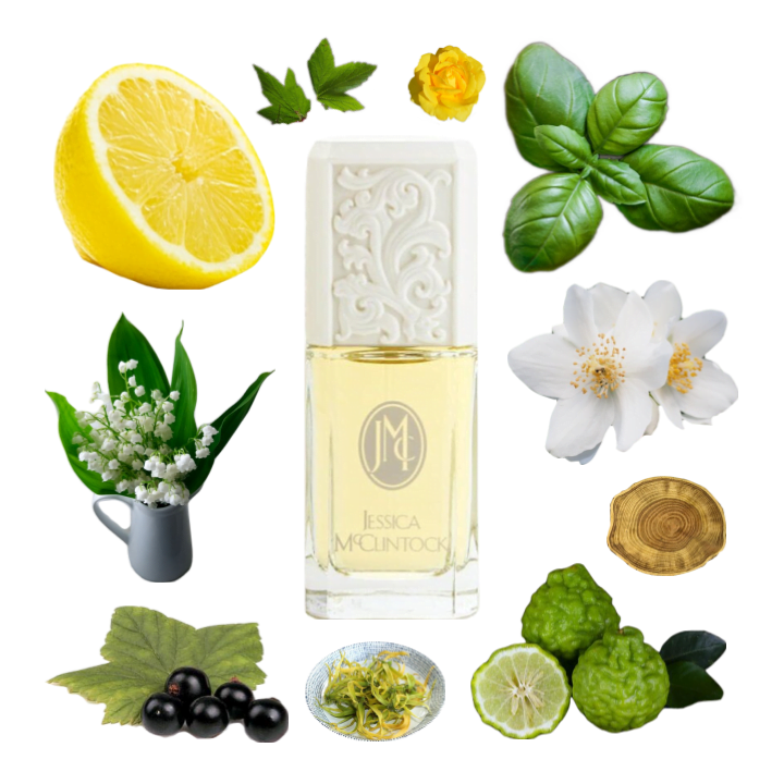 Collage of Jessica McClintock perfume and its notes, including basil, lemon, lily of the valley, bergamot, jasmine and ylang.
