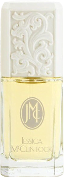 Boxy clear glass bottle of Jessica McClintock Eau de Parfum, with a large white plastic cap with ornate floral swirls.