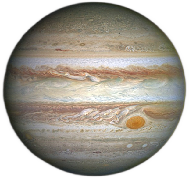 The planet Jupiter, with its large red spot visible.
