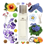Lacoste Pour Femme Eau de Parfum by Lacoste Review Collage of Lacoste Pour Femme and its notes, including heliotrope, black pepper, violet, apple, labdanum, woods, and suede.