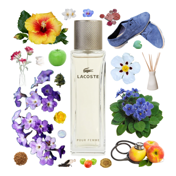 Collage of Lacoste Pour Femme and its notes, including heliotrope, black pepper, violet, apple, labdanum, woods, and suede.