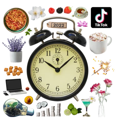Collage of an old-fashioned black alarm clock, a TikTok app logo, and a number of fragrance notes such as fruits and flowers.
