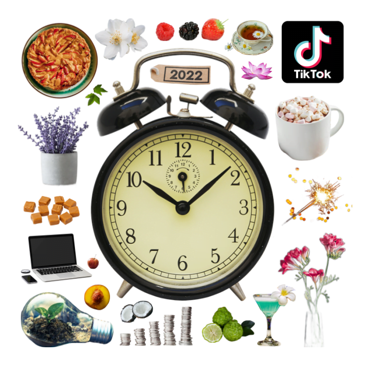 Collage of an old-fashioned black alarm clock, a TikTok app logo, and a number of fragrance notes such as fruits and flowers.