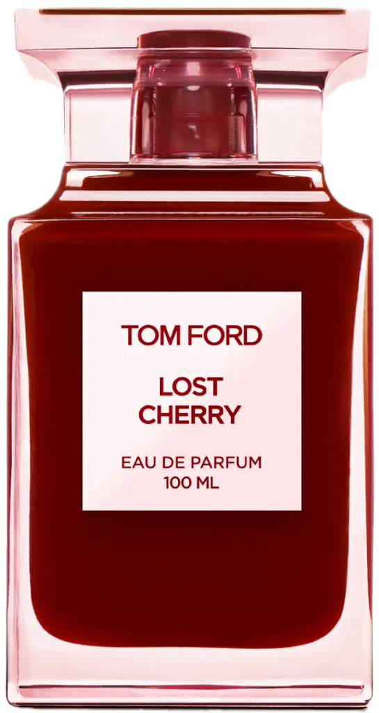 Square and angular clear and red glass bottle of Lost Cherry Eau de Parfum by Tom Ford.