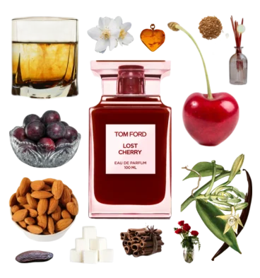 Collage of Lost Cherry by Tom Ford and its notes, including cherry, almond, vanilla, liquor, cinnamon, wood, amber, and plum.