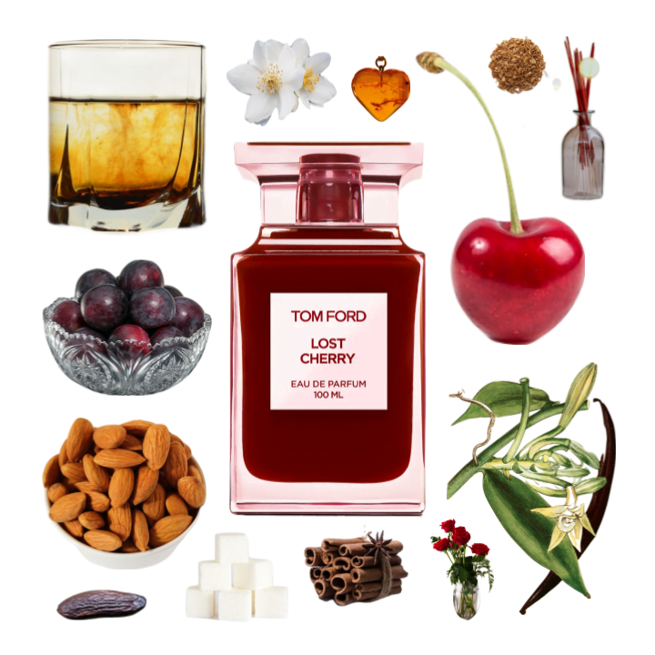 Collage of Lost Cherry by Tom Ford and its notes, including cherry, almond, vanilla, liquor, cinnamon, wood, amber, and plum.