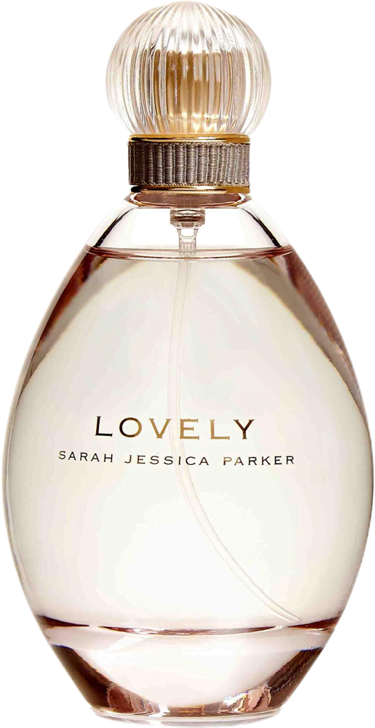 Tall rounded glass bottle of champagne-colored Lovely perfume by Sarh Jessica Parker.