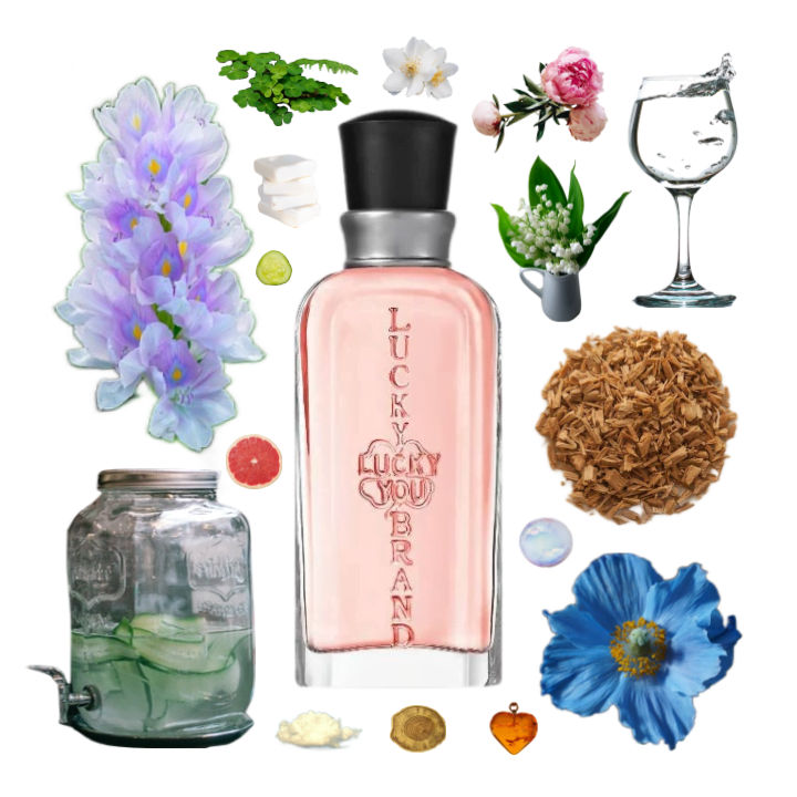 Collage of Lucky You by Liz Claiborne and Lucky Brand and its notes, including poppy, water hyacinth, peony, and sandalwood.
