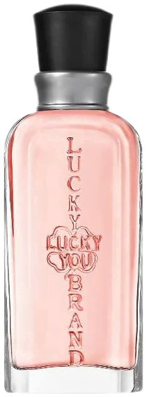 Delicate pink glass vial of Lucky You perfume inscribed with Lucky Brand and a four-leaf clover, with a black rubber cap.