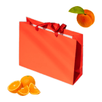 How to Actually Keep Your Perfume No-Buy Resolution This Year Photo collage of a bright vermilion red-orange paper shopping bag, a bunch of sliced oranges, and a fresh fuzzy peach.