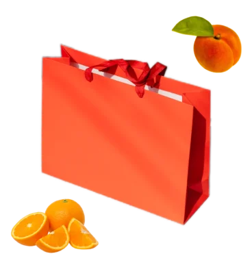 Photo collage of a bright vermilion red-orange paper shopping bag, a bunch of sliced oranges, and a fresh fuzzy peach.