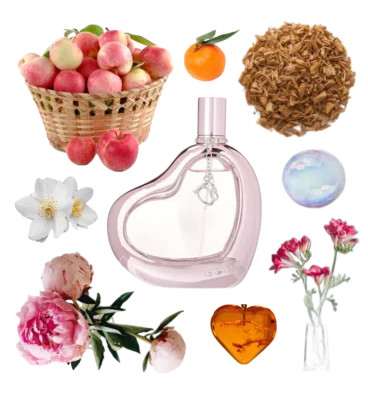 Collage of Bebe Sheer perfume and its notes, including freesia, apple, jasmine, peony, sandalwood, citruses, and amber.