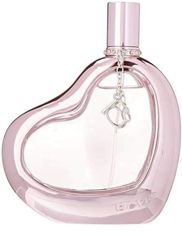 A light pink metallic heart-shaped bottle of Bebe Sheer Eau de Parfum with a tall cylindrical cap encrusted with rhinestones.