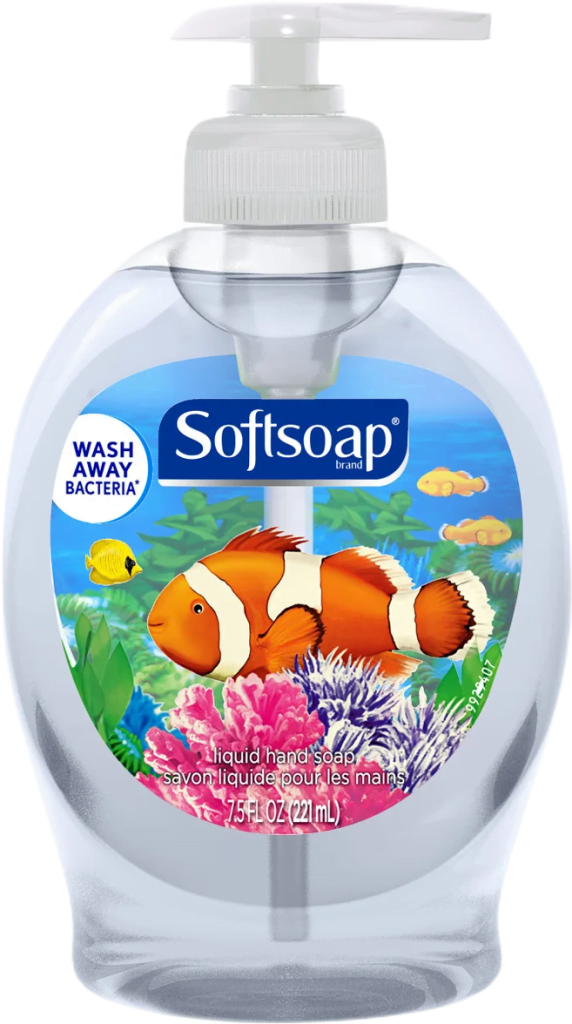A plastic pump bottle of liquid Softsoap plain hand soap with a clownfish illustration in it.
