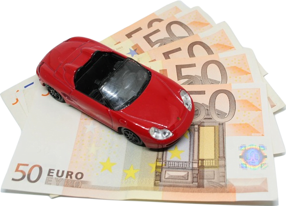 A red toy Ferrari car and a pile of cream-colored fifty euro notes.
