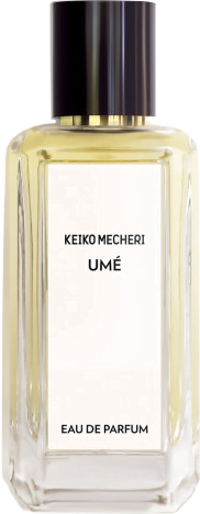 Rectangular clear glass bottle with a rectangular white label and a black cap of Ume by Keiko Mecheri.