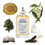 Whispers of the Library Eau de Toilette by Maison Martin Margiela Review Collage of Whispers in the Library Eau de Toilette and its notes, including vanilla, cedar, black pepper, and woody notes.