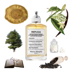 Collage of Whispers in the Library Eau de Toilette and its notes, including vanilla, cedar, black pepper, and woody notes.