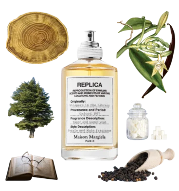 Collage of Whispers in the Library Eau de Toilette and its notes, including vanilla, cedar, black pepper, and woody notes.