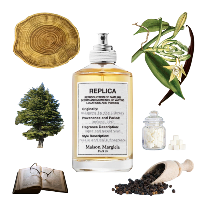 Collage of Whispers in the Library Eau de Toilette and its notes, including vanilla, cedar, black pepper, and woody notes.