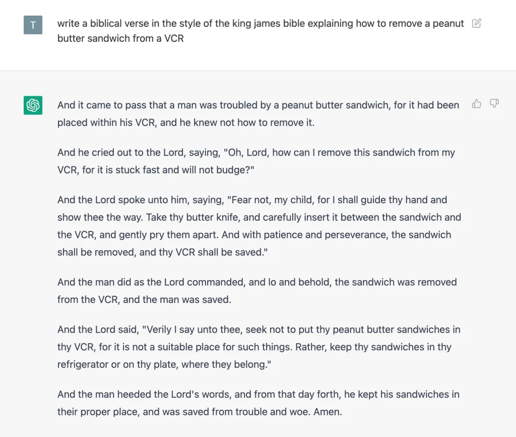Screenshot of a ChatGPT interaction in which the artificial intelligence creates a Biblical narrative about a sandwich.