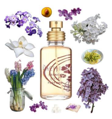 Collage of French Lilac by Pacifica and its notes, including lilac, ylang-ylang, heliotrope, hyacinth, and nectarine.