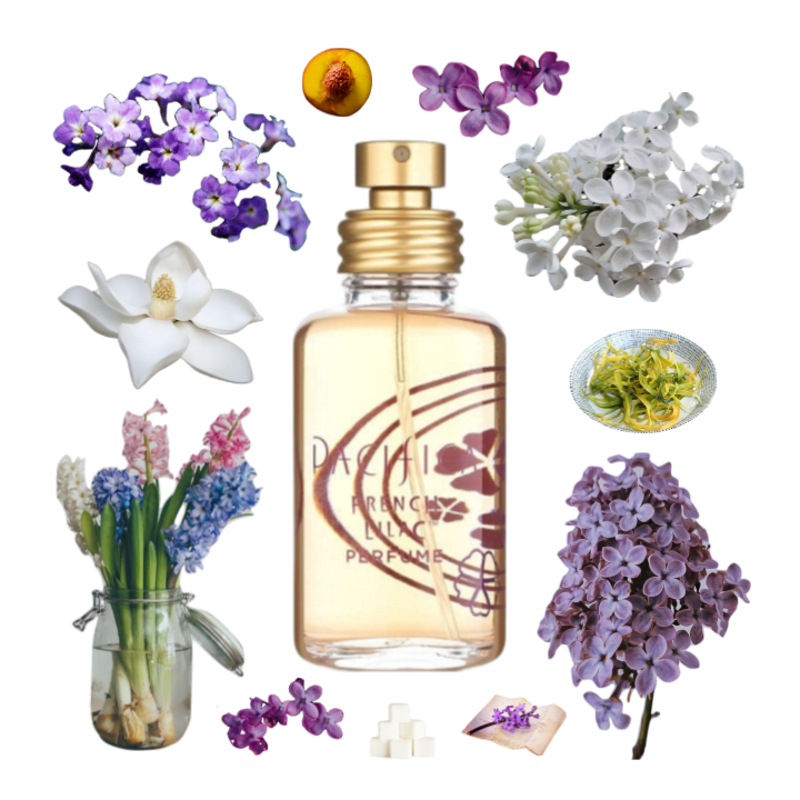 Collage of French Lilac by Pacifica and its notes, including lilac, ylang-ylang, heliotrope, hyacinth, and nectarine.