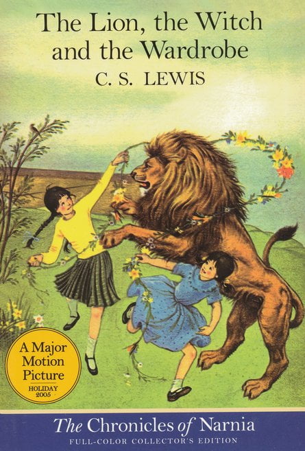Classic illustrated book cover of The Lion, the Witch and the Wardrobe with C.S. Lewis with a lion and two young girls.