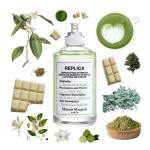 Matcha Meditation Eau de Toilette by Maison Martin Margiela Review Collage of Matcha Meditation by Maison Martin Margiela and its notes, including white chocolate, matcha, neroli, and oakmoss.