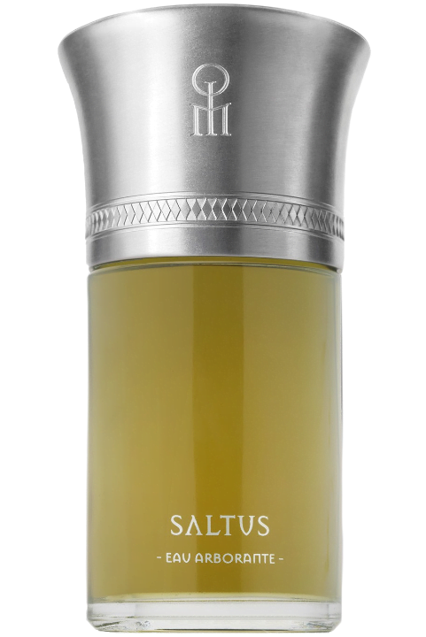 Glass cylindrical bottle with a large widening steel cap filled with brownish green Saltus perfume by Liquides Imaginaires.