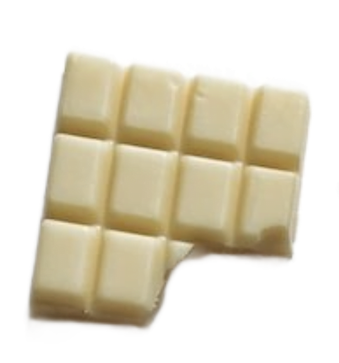 A bar of white chocolate, partly eaten, with a bite taken out of it and ten squares left.