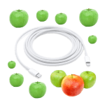 Apparently Apple Cables Are Scented Now Collage of a coiled white Apple USB-C lightning 2m charger cable surrounded by many green apples and one red apple.