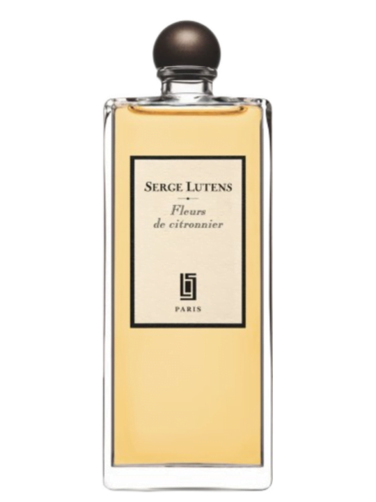 Tall rectangular glass bottle of Serge Lutens Fleurs de Citronnier Eau de Parfum filled with parchment-yellow liquid.
