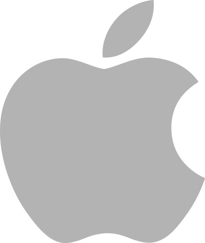 The logo of the Apple technology company, a gray illustration of an apple with one bite taken out of it topped with a leaf.